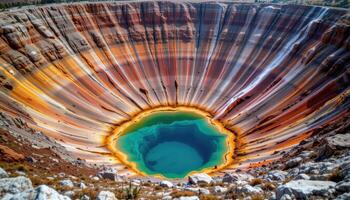 a crater with mineral rich colors staining the rocks, and a steaming pool at the center. photo