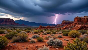a storm breaking over a high desert mesa, where lightning forks across the sky and rain begins to fall on the sun baked earth. photo