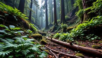 a lush temperate rainforest filled with ferns, fallen logs, and towering old growth trees. photo