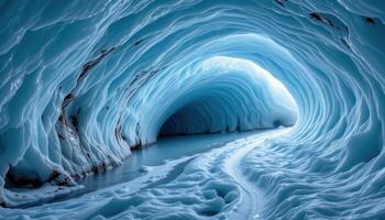 a glacial ice cave with walls of blue and white, glistening with meltwater and echoing with subtle sound. photo