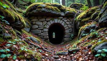 a long abandoned mine entrance half buried by forest regrowth, moss covering the stone around it. photo