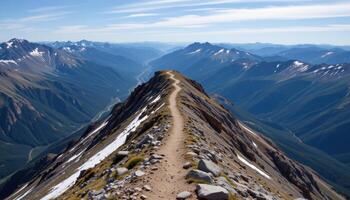 a narrow mountain ridge trail overlooking vast valleys on both sides, with snow patches and jagged peaks beyond. photo