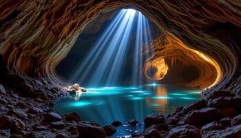 a cave interior lit by shafts of light, revealing crystals on the walls and underground pools reflecting the glow. photo
