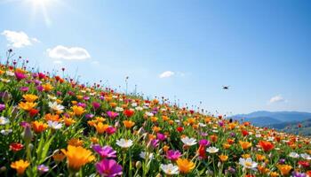 a wildflower covered hillside under a bright spring sky, bees buzzing and a warm wind blowing softly. photo