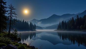 a moonlit lake surrounded by silent pine forests, with mist hanging low over the glassy surface of the water. photo