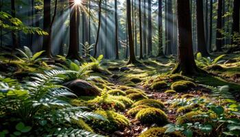 a forest clearing blanketed in ferns and soft moss, with rays of sunlight streaming through the canopy. photo