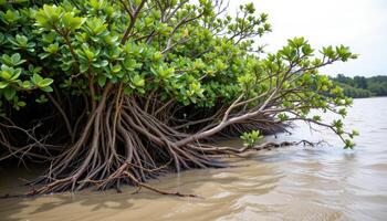 a dense mangrove forest rising from shallow, muddy water, roots twisting above and below the surface like a living web. photo