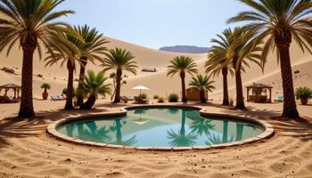 a desert oasis with a still pool surrounded by palms, hidden within a ring of sun scorched dunes. photo
