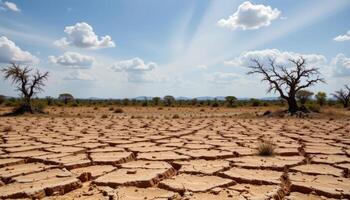 a savanna during the dry season, with cracked earth, scattered trees, and a sky stretched wide above. photo