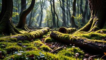 a mossy glen where fallen logs are covered in green, mushrooms dot the forest floor photo