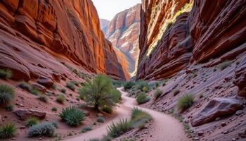 a narrow canyon trail lined with towering cliffs, covered in rich layers of sedimentary rock and scattered desert plants. photo