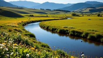 a gentle river winding through a sunlit meadow, surrounded by wildflowers, low hills, and distant tree covered ridges. photo
