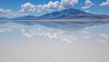 a vast expanse of salt flats stretching toward a distant mountain range, mirroring the sky in its endless shallow waters. photo
