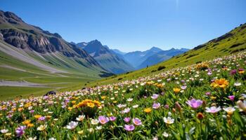a sloping meadow filled with alpine flowers and bordered by rugged peaks, under a vibrant blue sky. photo