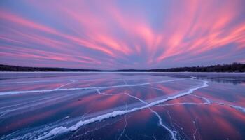 a frozen lake at twilight, reflecting the pink and purple hues of the sky, with ice cracking gently in the stillness. photo