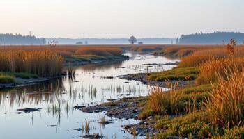 a tranquil marshland dotted with tall reeds and shallow pools, reflecting the colors of a pale morning sky and distant trees. photo