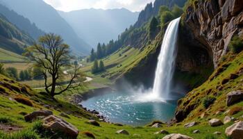 a quiet valley where morning mist clings to the hillsides, and a waterfall tumbles down from high above into a hidden pool. photo