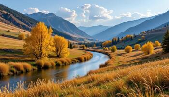 a peaceful valley with a winding river, golden trees lining the banks, and a gentle breeze moving through tall grasses. photo
