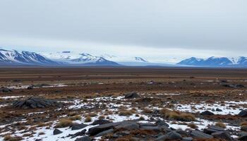 a desolate arctic tundra under a gray sky, with patches of snow, bare rocks, and a distant glacier looming on the horizon. photo
