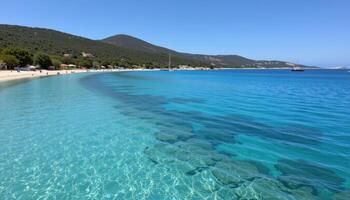 a peaceful bay with translucent water and a coral reef visible just below the surface, ringed by quiet hills. photo