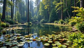 a still pond in a high forest, its surface covered with lily pads and ringed by whispering trees. photo