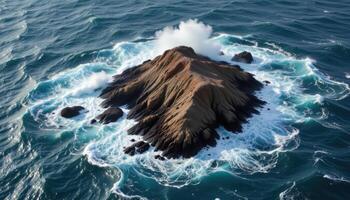 a rocky peninsula extending into a choppy sea, surrounded by waves and windblown spray. photo