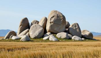 a cluster of granite boulders rising from a grassy plain, shaped by wind and centuries of erosion. photo