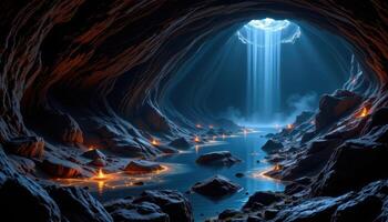 a dark cavern filled with glowing minerals and underground water reflecting the flicker of light. photo