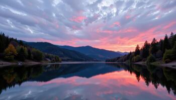 a calm lake at twilight, with mirror like reflections of the surrounding trees and distant ridges. photo