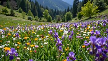 a spring meadow filled with wild irises and butterflies, nestled between wooded ridges. photo
