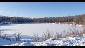 a frozen tundra lake ringed by snow covered willows, under a clear and windless sky. photo