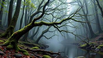 a misty forest where moss hangs from every branch and the sound of water echoes in the distance. photo
