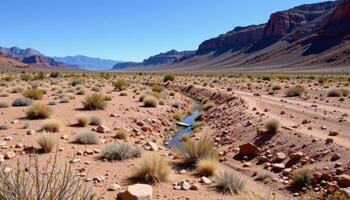 a remote high desert mesa with a dry riverbed cutting through it, showing signs of ancient water flow. photo