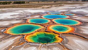 a cluster of thermal pools with vibrant hues of blue, green, and orange set into a barren plain. photo
