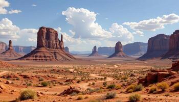a desert with strange rock formations rising like sentinels from a flat, red plain. photo