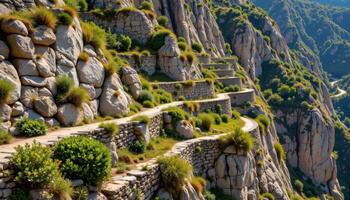 a terraced cliffside with narrow stone ledges and sparse, hardy vegetation clinging to life. photo