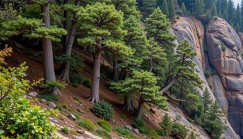 a cliffside grove of ancient cedar trees clinging to life in pockets of shallow soil and wind. photo