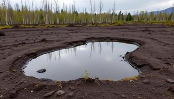 a peat bog with soft, spongey ground and pools reflecting the overcast sky, surrounded by dwarf birch. photo