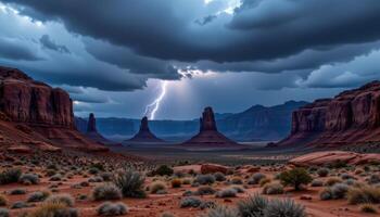 a desert mesa under lightning streaked clouds, casting eerie shadows across the stone formations. photo