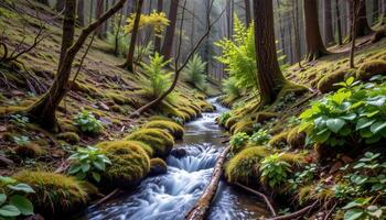 a spring fed stream in a remote forest hollow, its course traced by a ribbon of green through the undergrowth. photo