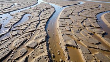a sandy estuary at low tide, revealing intricate patterns of water channels and sandbars. photo