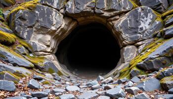 a cave mouth carved into a cliffside, its entrance veiled in shadow and surrounded by moss covered stone. photo