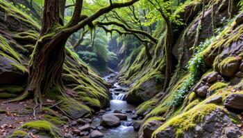 a tree covered ravine with a stream running through moss covered rocks and hanging vines. photo