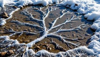 a shallow alpine tarn frozen over, with cracks in the ice spreading in intricate, radial patterns. photo