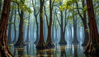 a dense grove of ancient cypress trees rooted in standing water, their trunks rising like pillars in the mist. photo