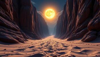 a canyon lit by soft moonlight, its narrow floor filled with shifting sand and ghostly light. photo