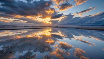 a tidal flat during sunset, its mirrorlike surface reflecting dramatic clouds and distant waves. photo