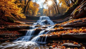 a sunlit cascade tumbling down rock layers covered in autumn leaves and surrounded by golden trees. photo