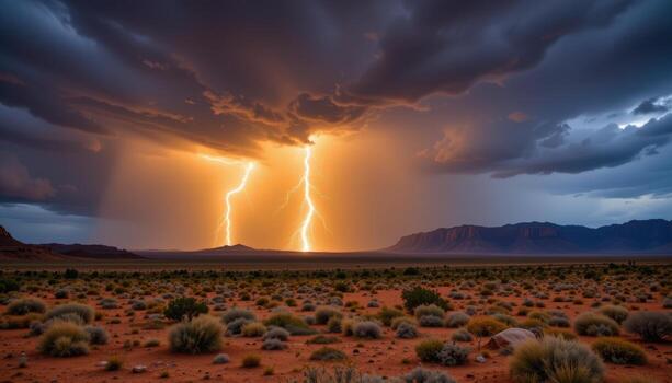 un tormenta terminado un Desierto cuenca, relámpago brillante a través de un cortina de lluvia. foto