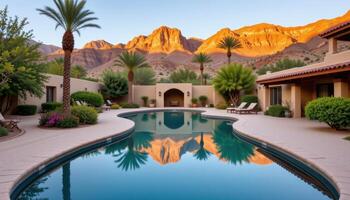 a spring fed desert oasis with a mirrorlike pool reflecting date palms and golden cliffs. photo